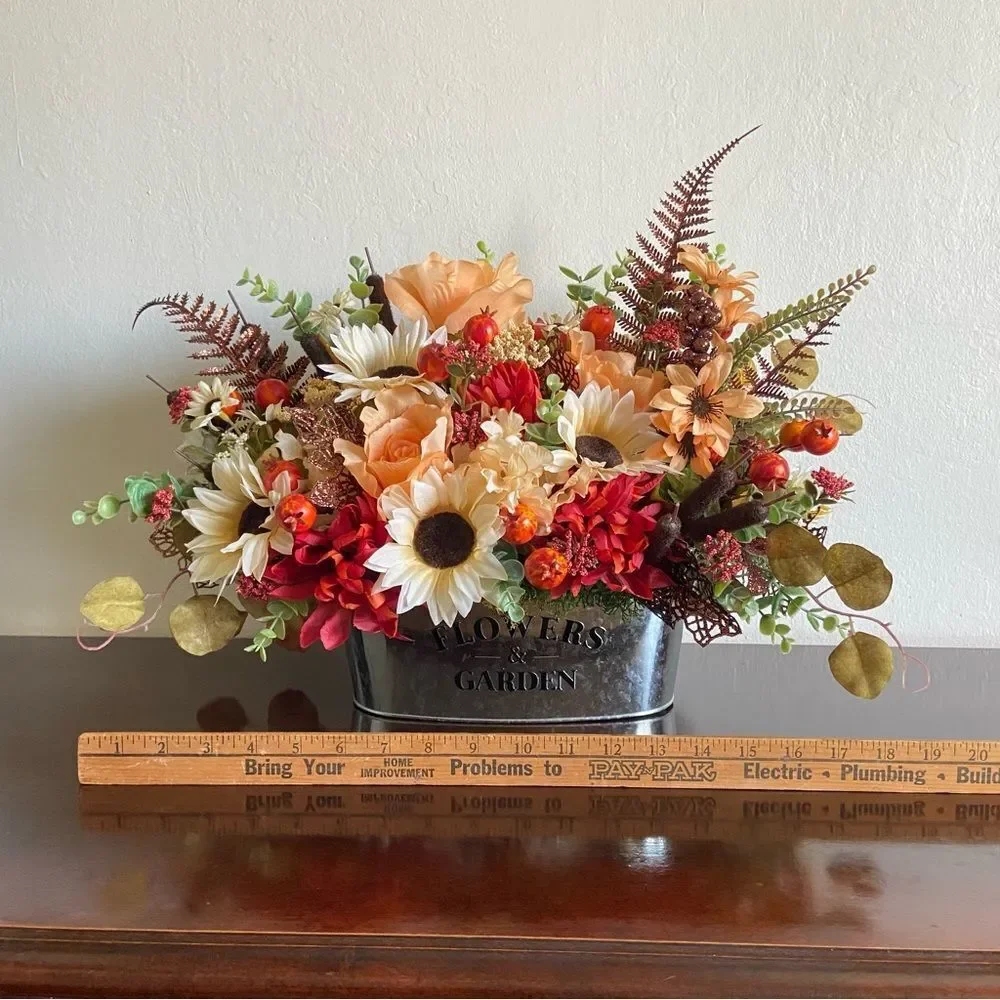Faux Floral Bouquet With Peach Roses/Cream Sunflowers